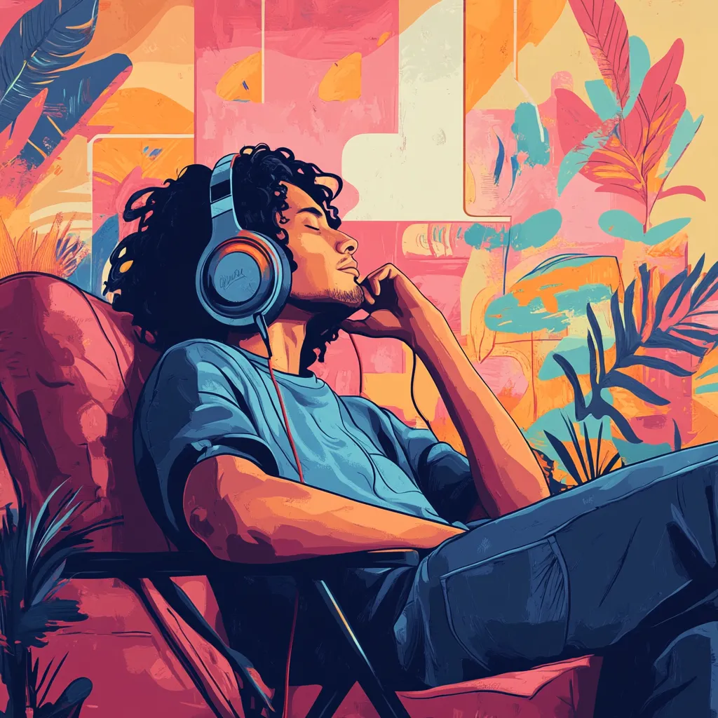Illustration of a man wearing headphones, eyes closed, reclining in a chair against colorful plants