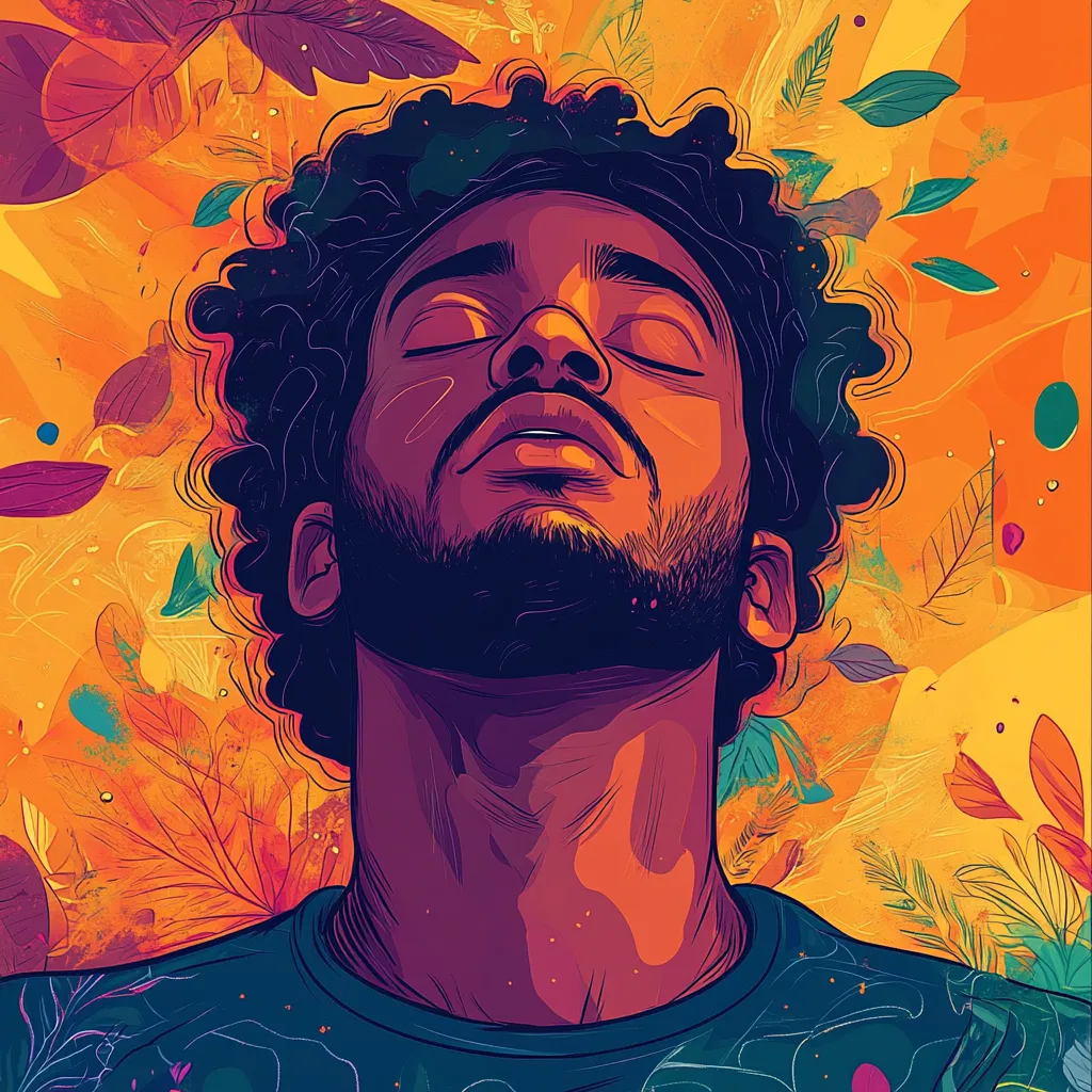 Illustration of a bearded man with eyes closed and head tilted back, surrounded by orange leaves