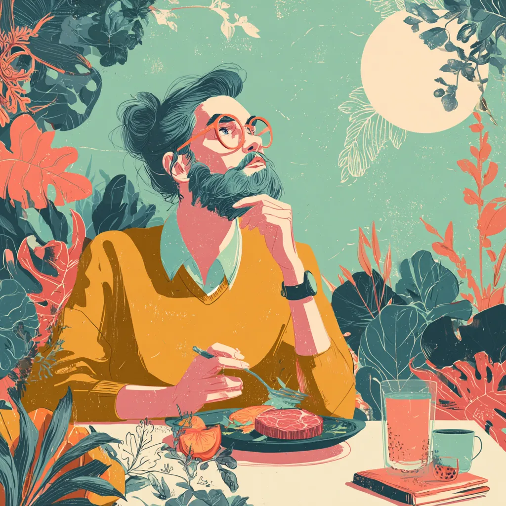 Illustration of a bearded man in glasses eating a steak at a table surrounded by plants