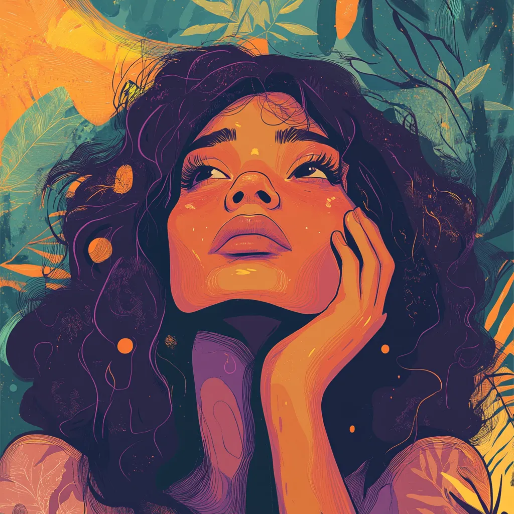 Young black woman with long hair looking upward looking meditative.