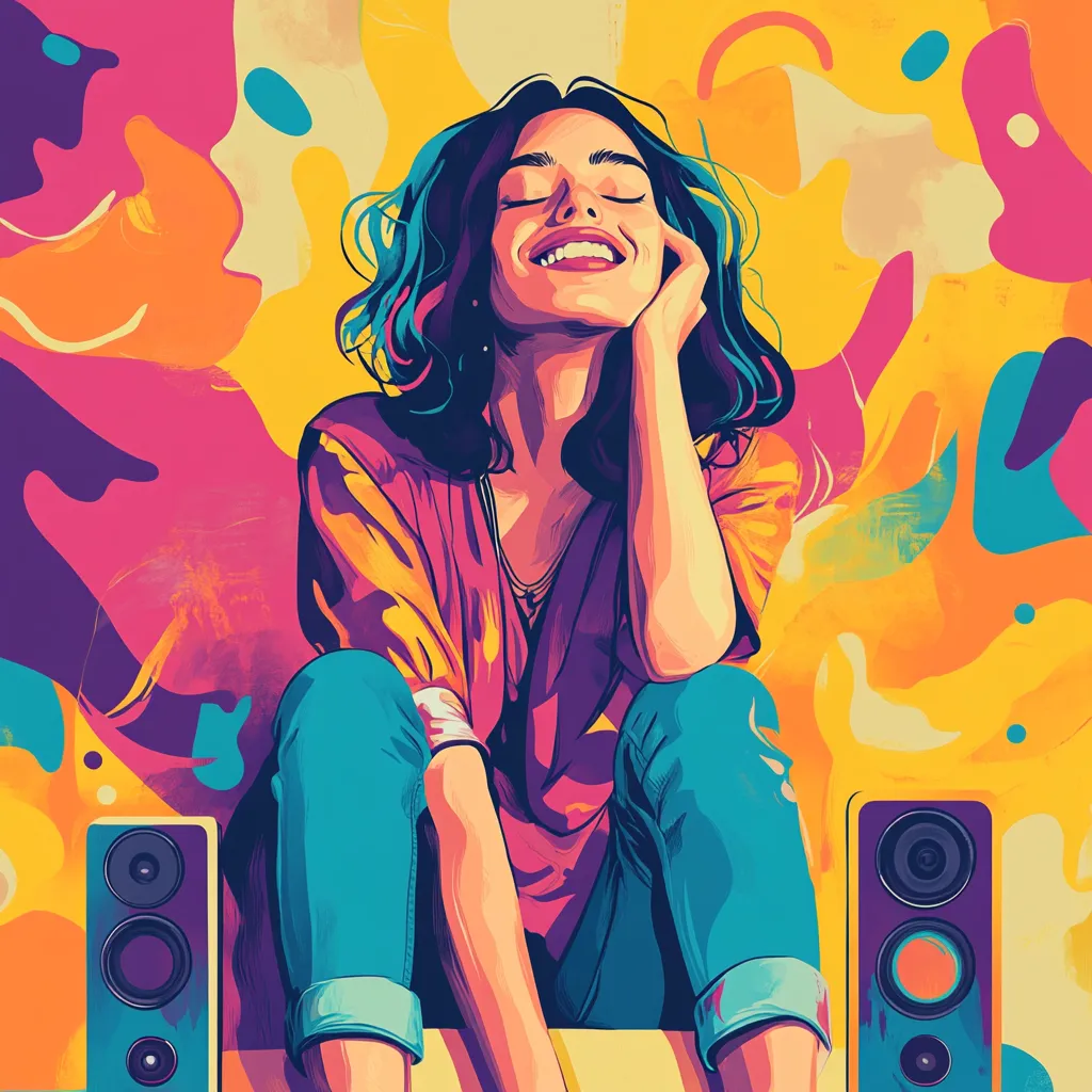 Illustration of happy young woman smiling and listening to music on large speakers