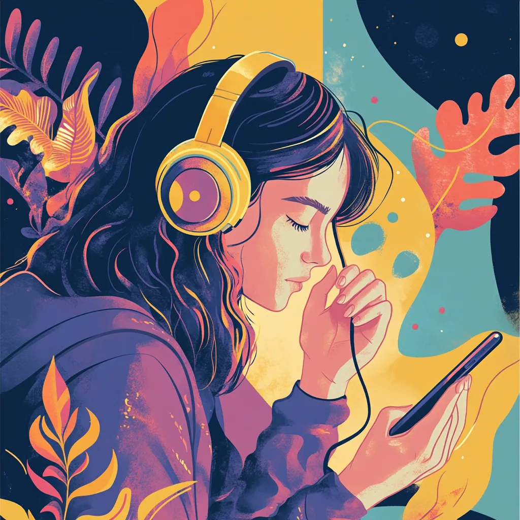 Illustration of a woman with eyes closed, wearing yellow headphones and holding a phone, among leaves