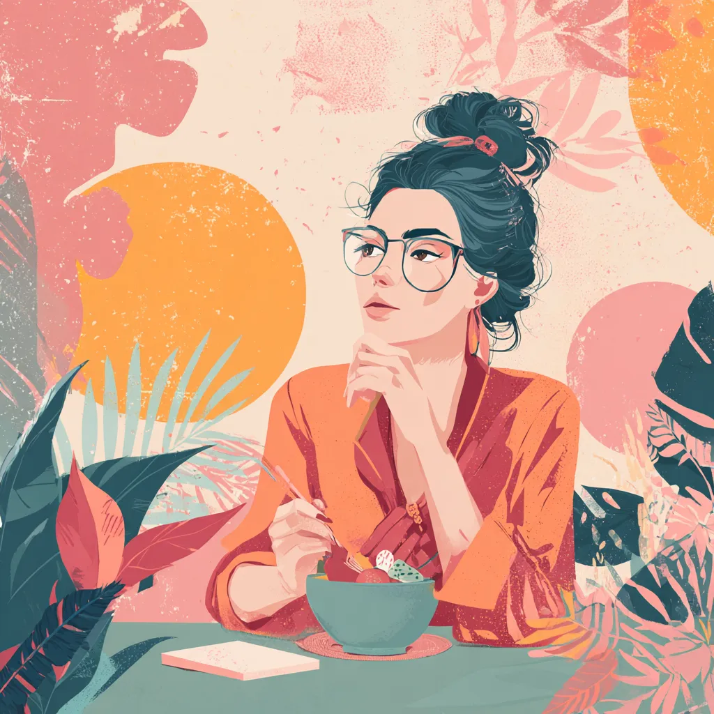 Illustration of a thoughtful woman in glasses eating from a bowl at a table surrounded by plants