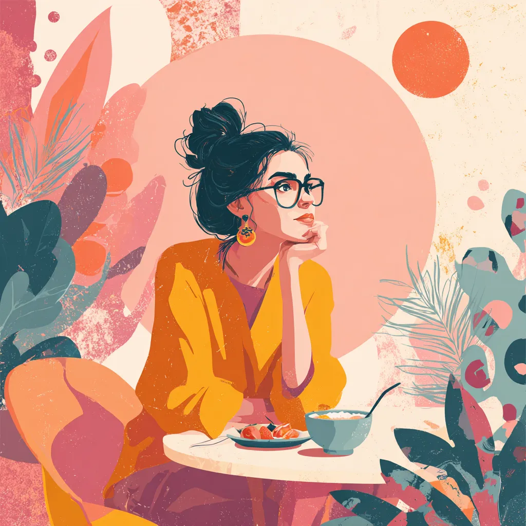 Illustration of a woman in glasses and a yellow jacket at a table with a meal
