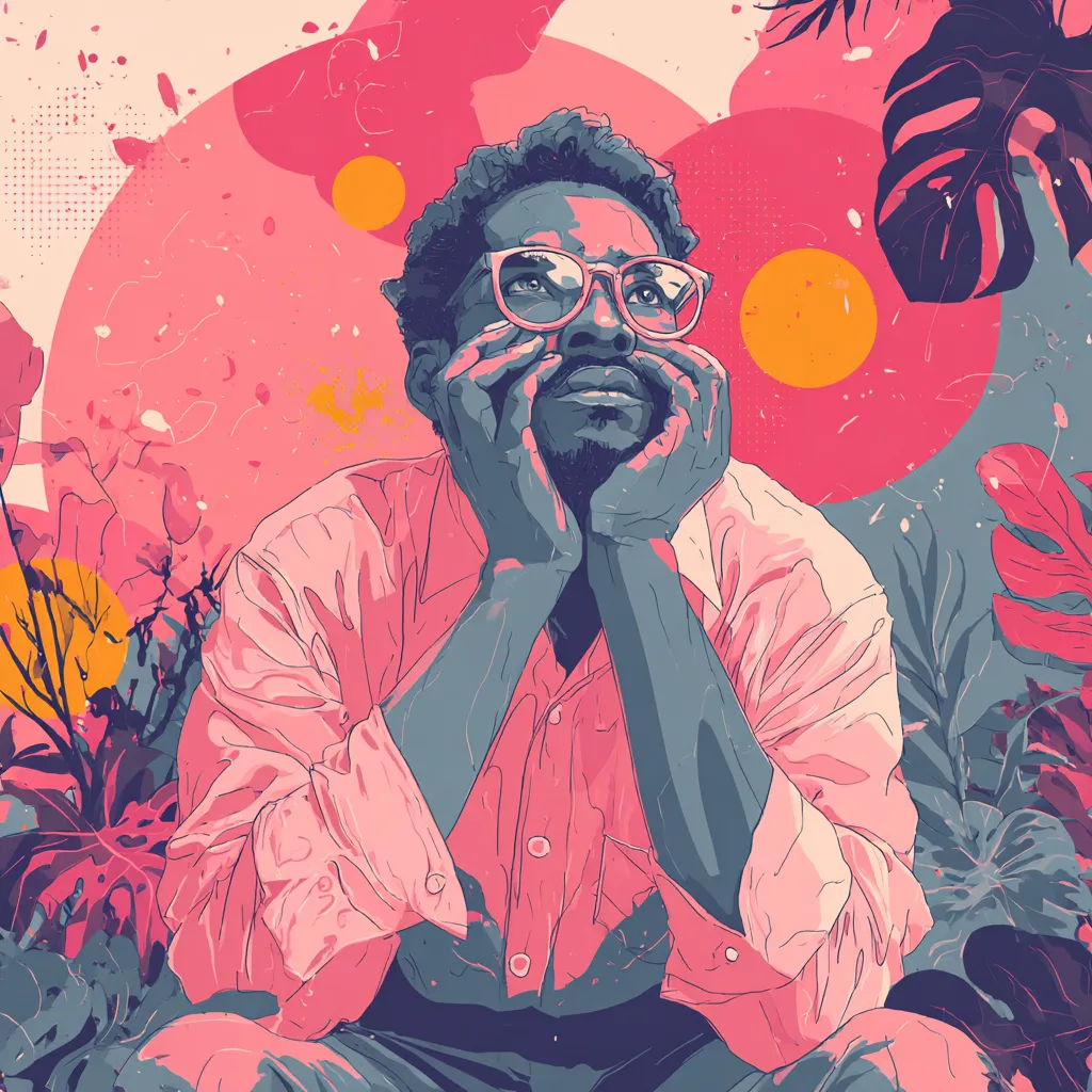Illustration of a man in glasses resting his chin in his hands, looking up thoughtfully