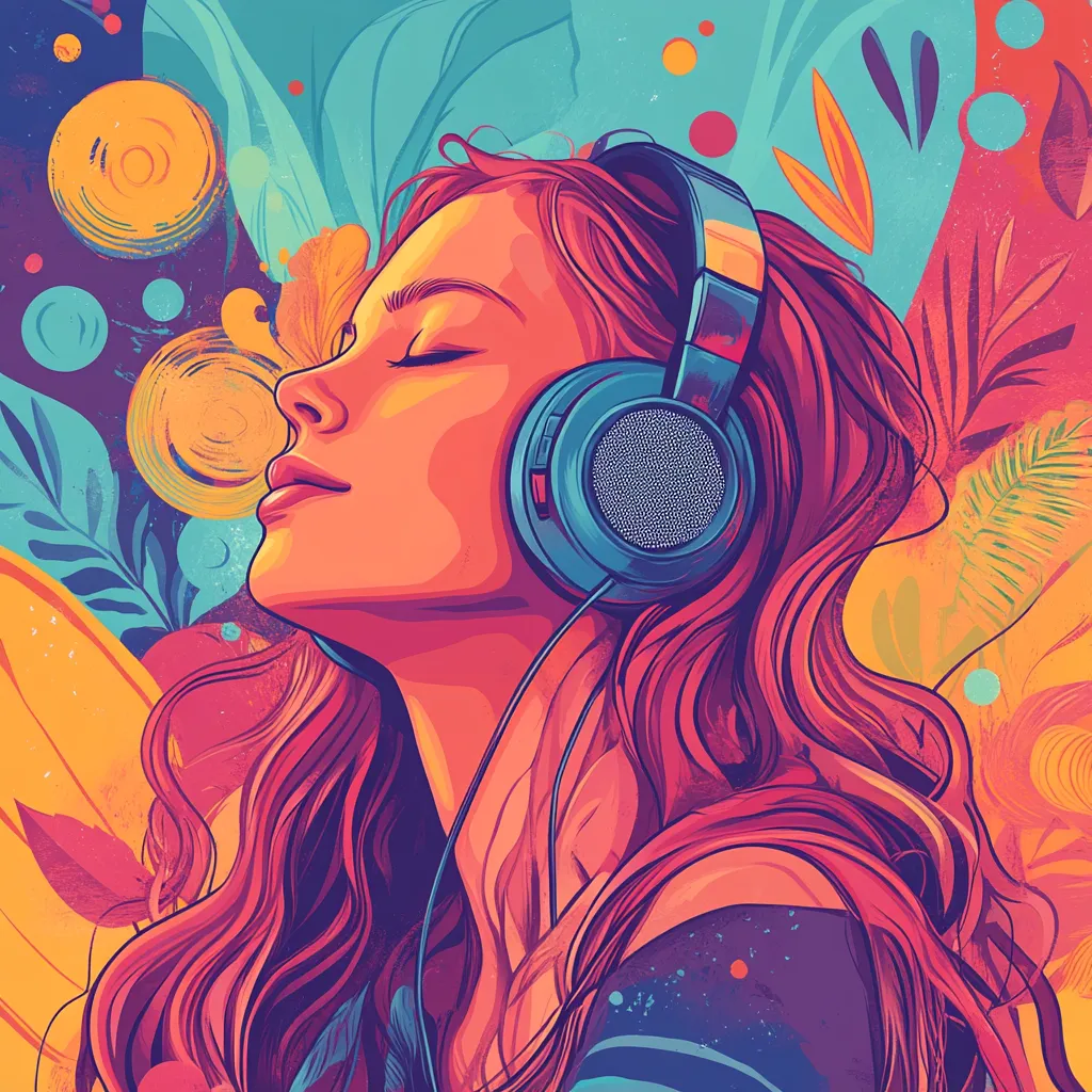 Calming illustration of pretty young woman listening to headphones with eyes closed