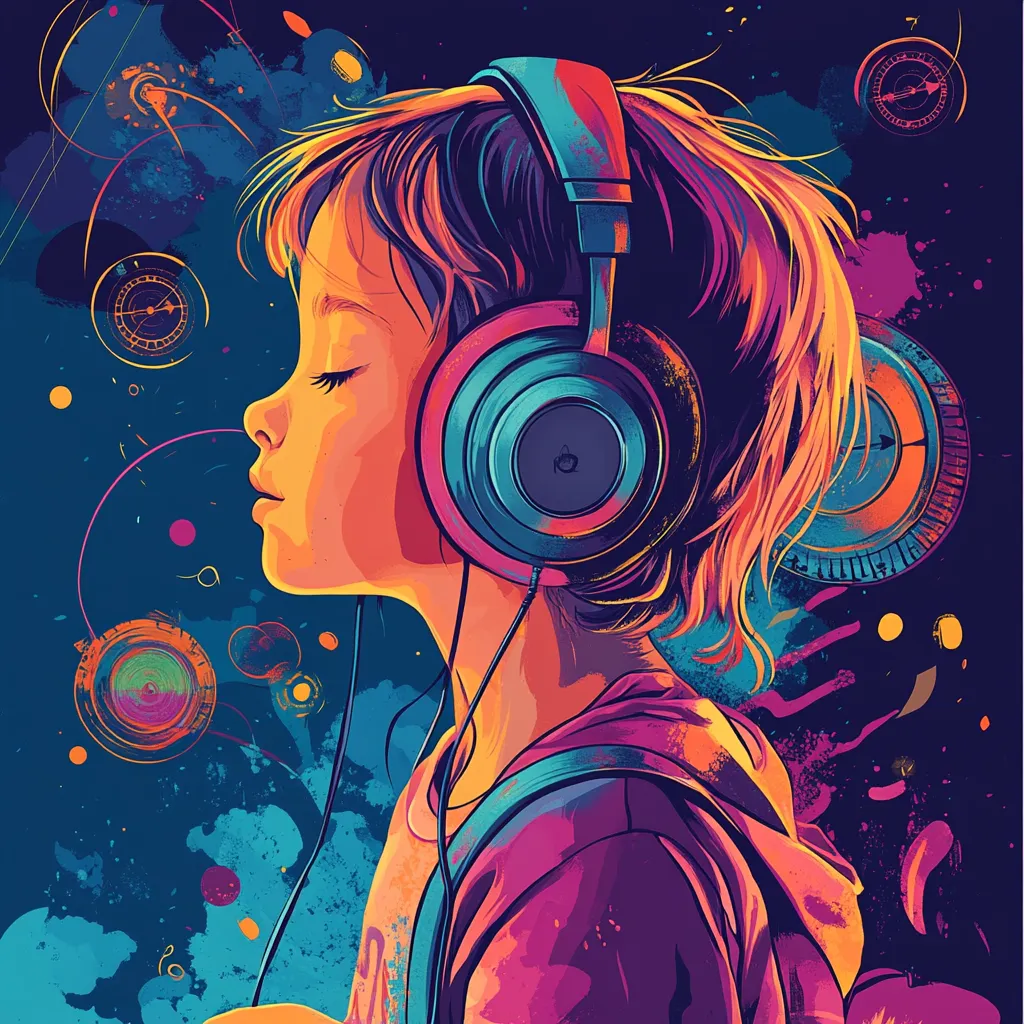 Illustration of a child in profile wearing headphones, eyes closed, against a starry blue background