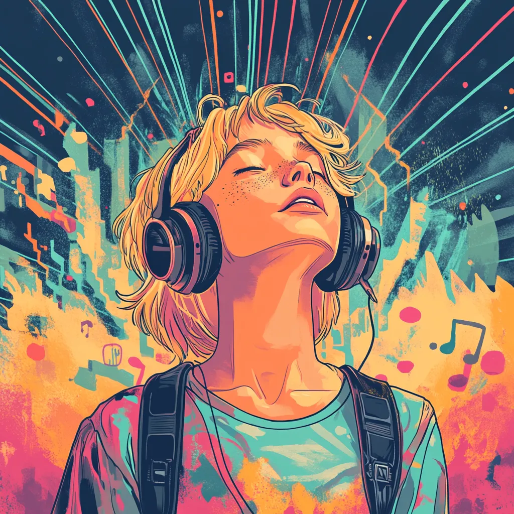Illustration of blonde boy listening to music on headphones and looking ecstatic.