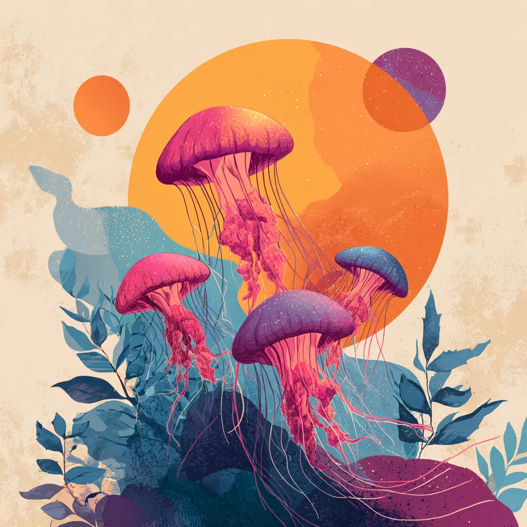 Illustration of four pink and purple jellyfish floating in front of a large orange sun