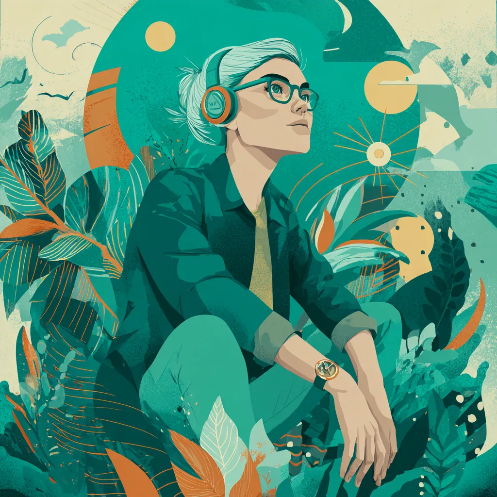 Illustration of a woman with glasses and headphones sitting among teal and orange leaves