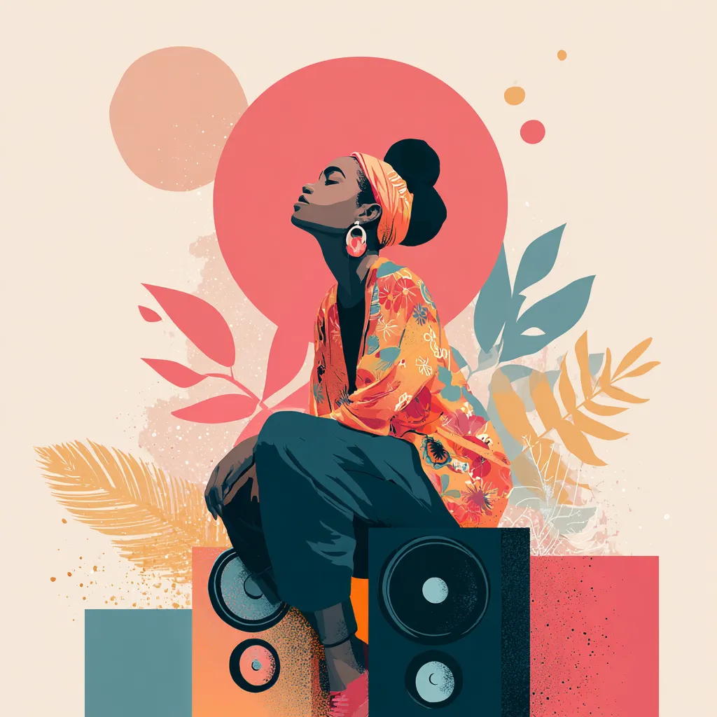 Illustration of a woman with eyes closed sitting on a large speaker, surrounded by leaves