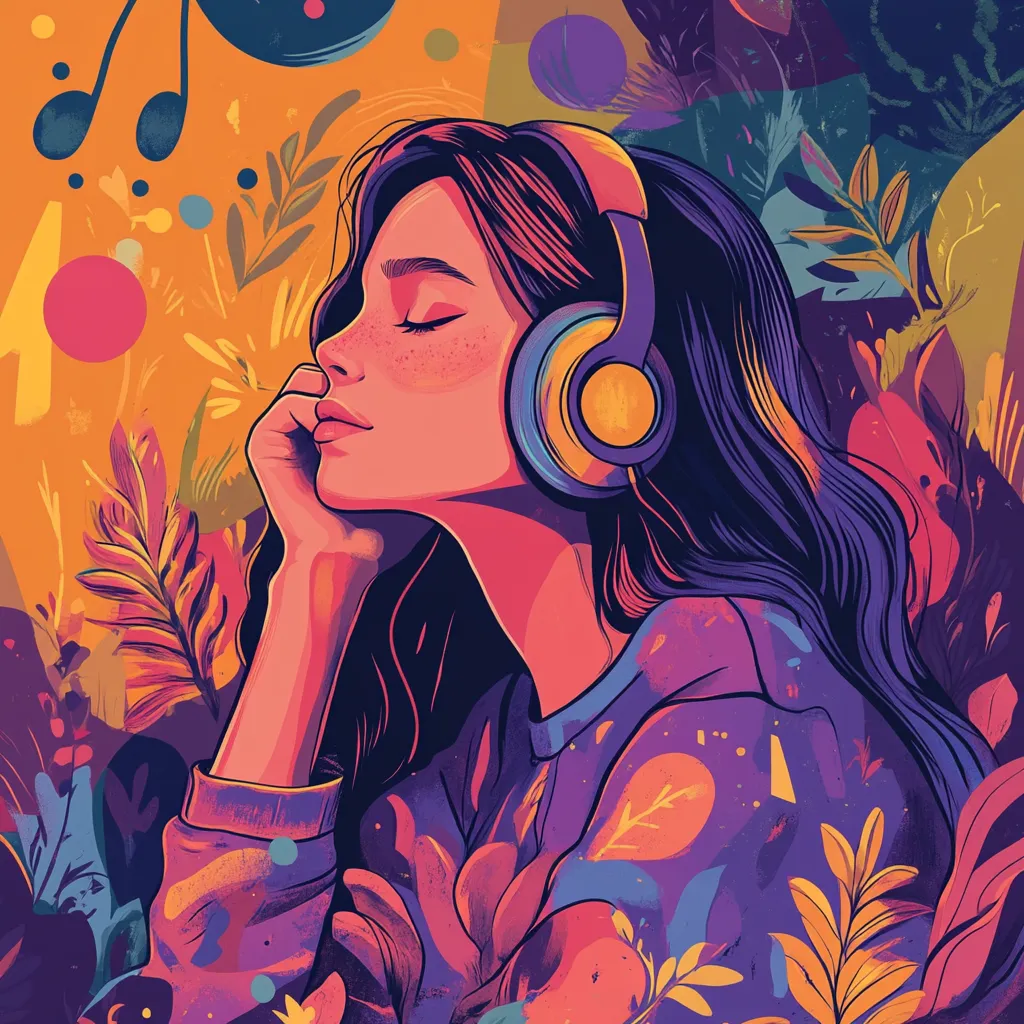 Illustration of young woman looking to the left, wearing headphones with eyes closed peacefully.