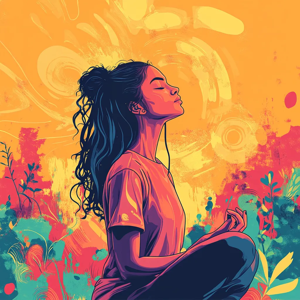 Illustration of a woman meditating cross-legged with eyes closed against a bright orange background