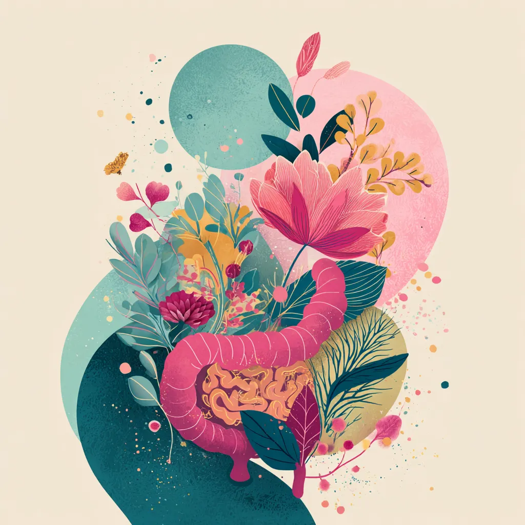 Illustration of the intestines surrounded by colorful flowers and leaves, representing gut health
