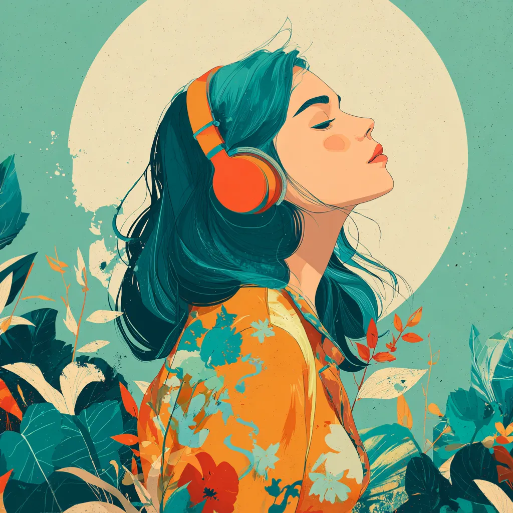 Illustration of a woman with teal hair wearing orange headphones, eyes closed, among leaves