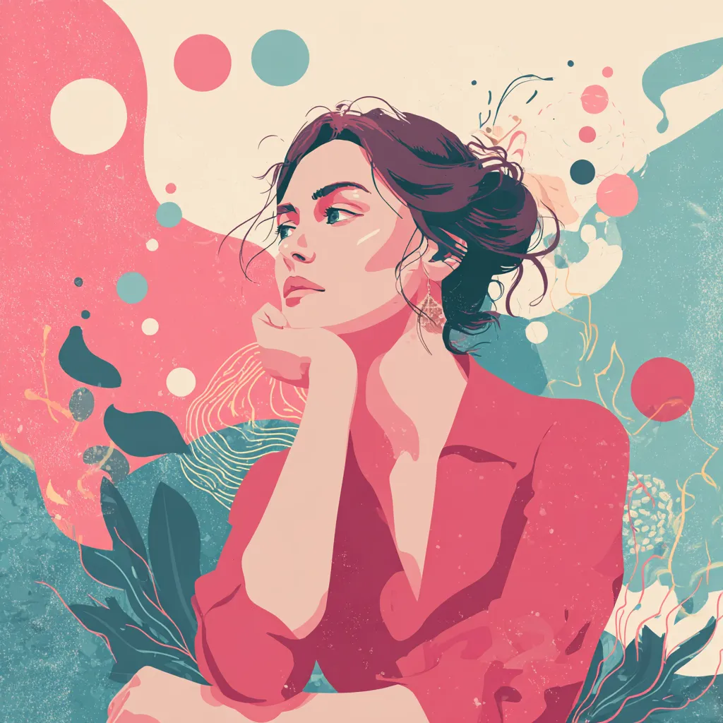 Illustration of a thoughtful woman resting her chin on her hand, gazing to the side