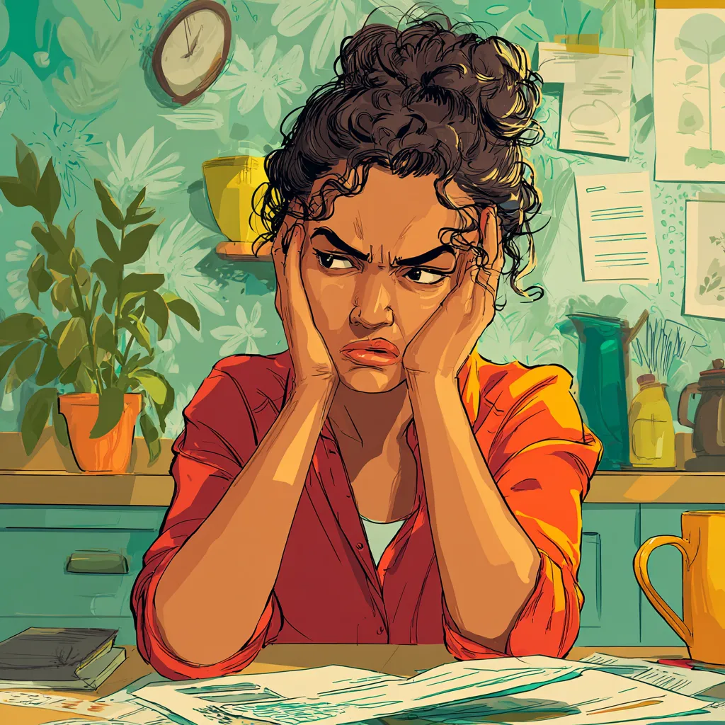 Illustration of a frustrated woman with her head in her hands at a kitchen table covered in papers
