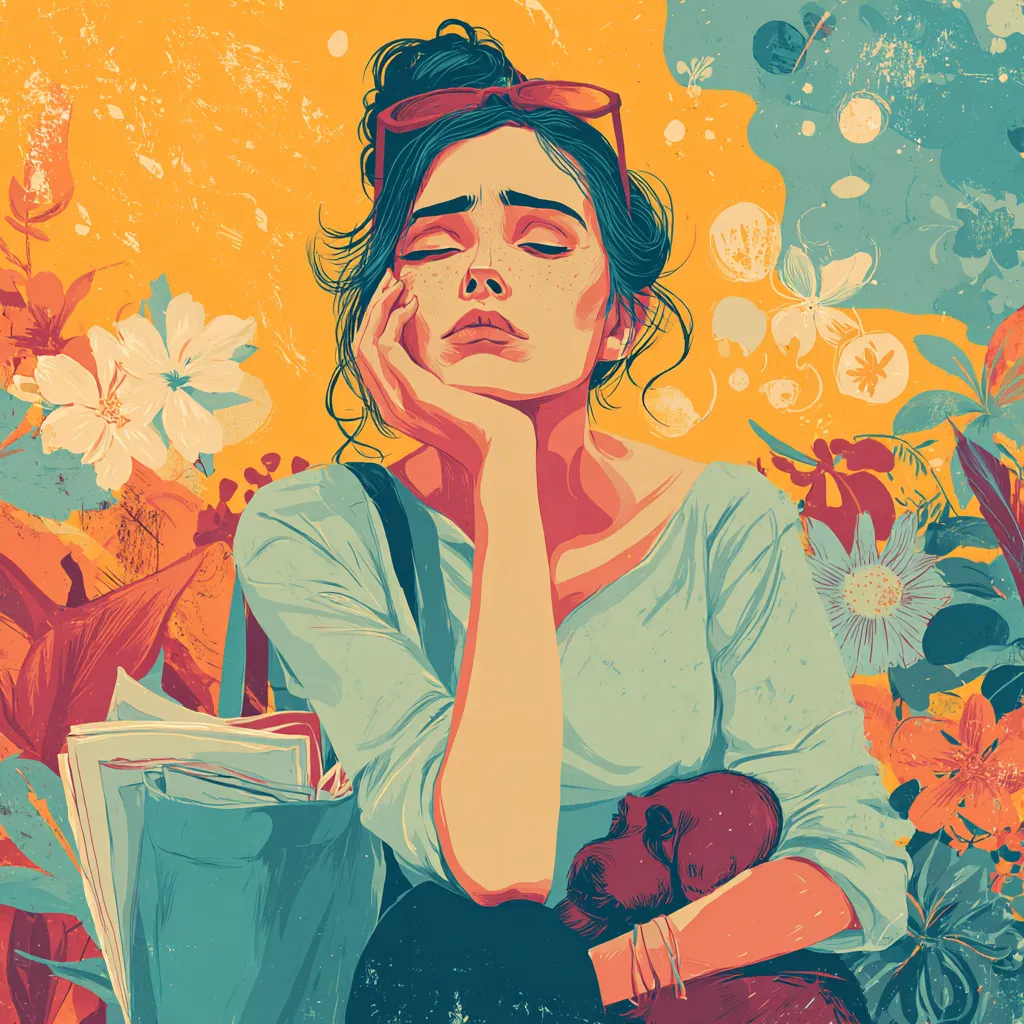 Illustration of an exhausted woman, eyes closed, resting her face on her hand, holding a dog