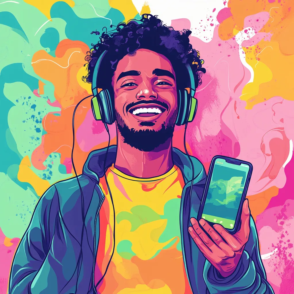 Illustration of a smiling bearded man wearing headphones and holding up a smartphone