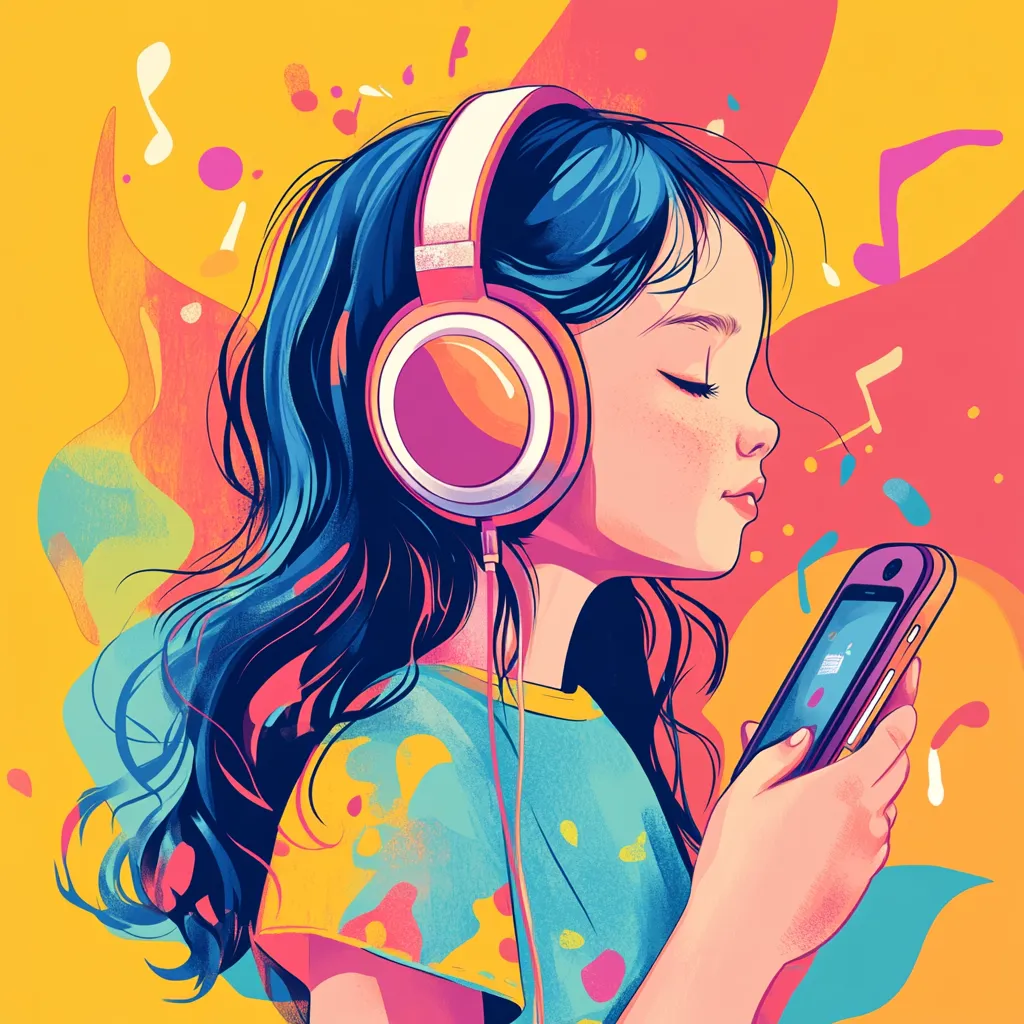 Illustration of a girl wearing headphones, eyes closed, holding a phone among music notes