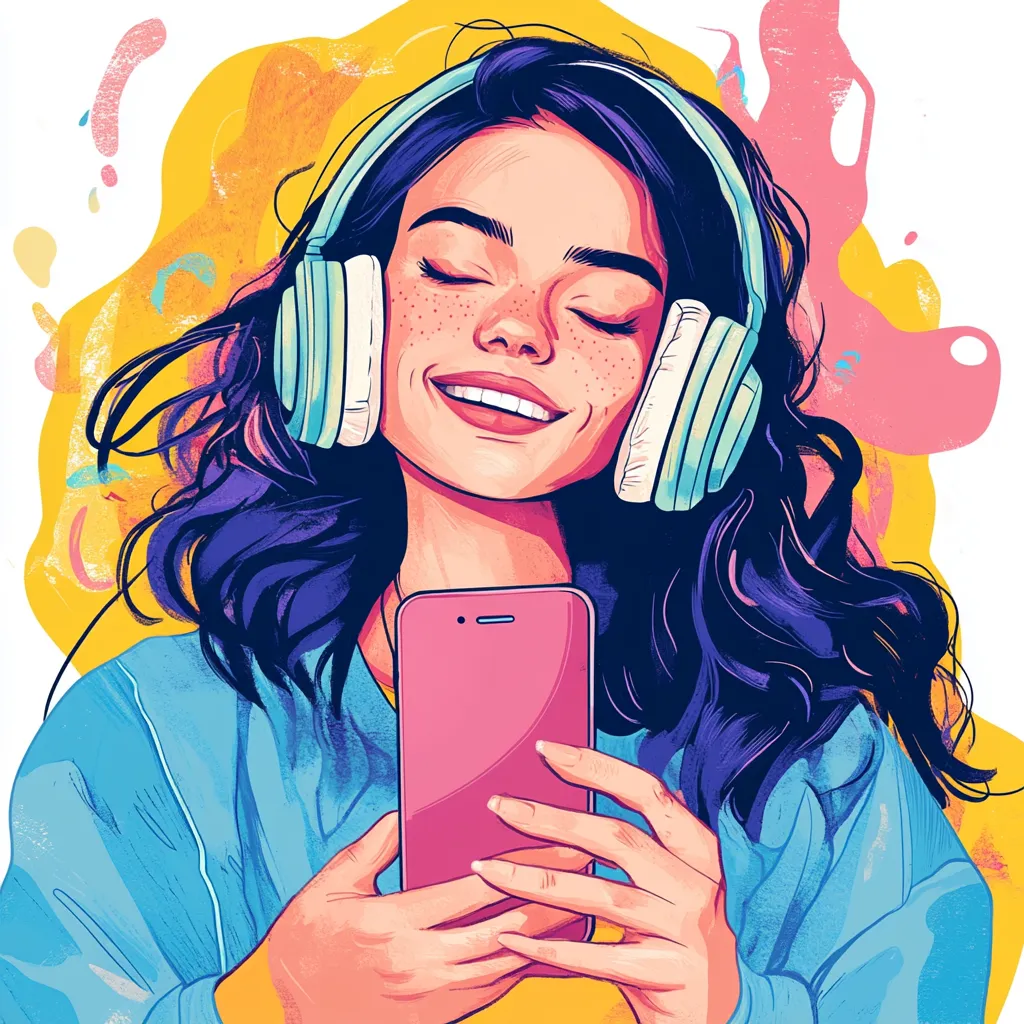 Illustration of a young woman facing the camera, wearing headphones, looking at SSP playlists on her mobile phone.