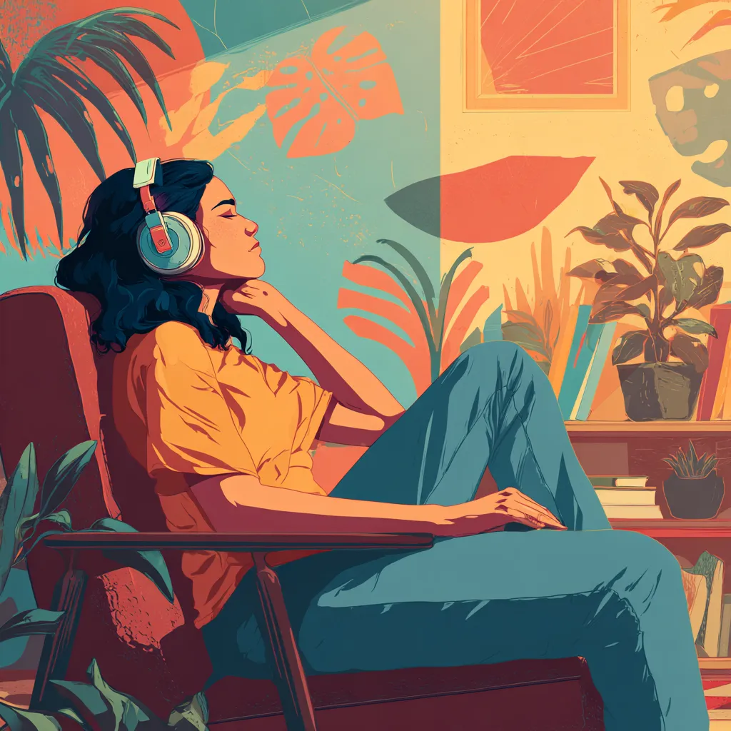 Illustration of a woman wearing headphones, eyes closed, relaxing in an armchair surrounded by plants