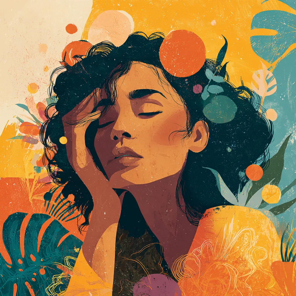 Illustration of a woman with curly hair, eyes closed, resting her head in her hand