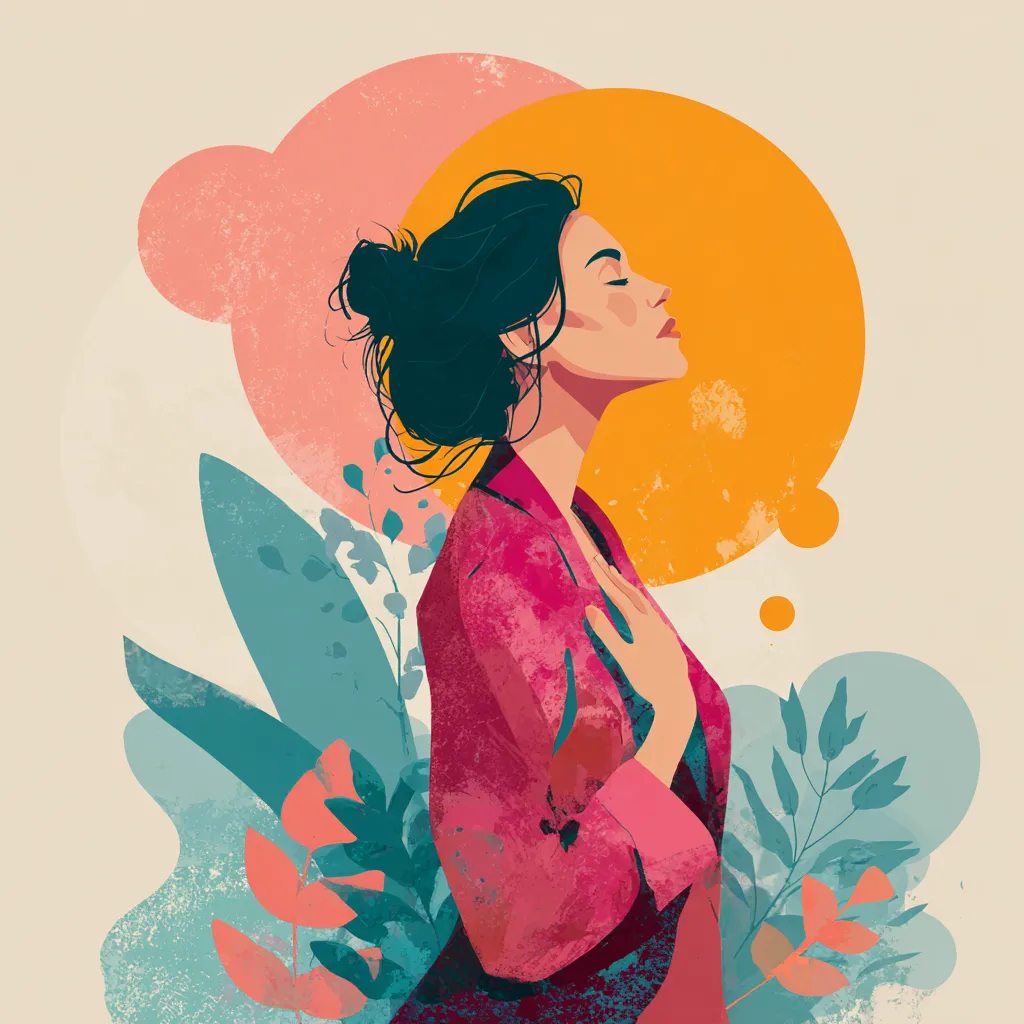 Illustration of a woman in profile with eyes closed and a hand on her chest, among leaves