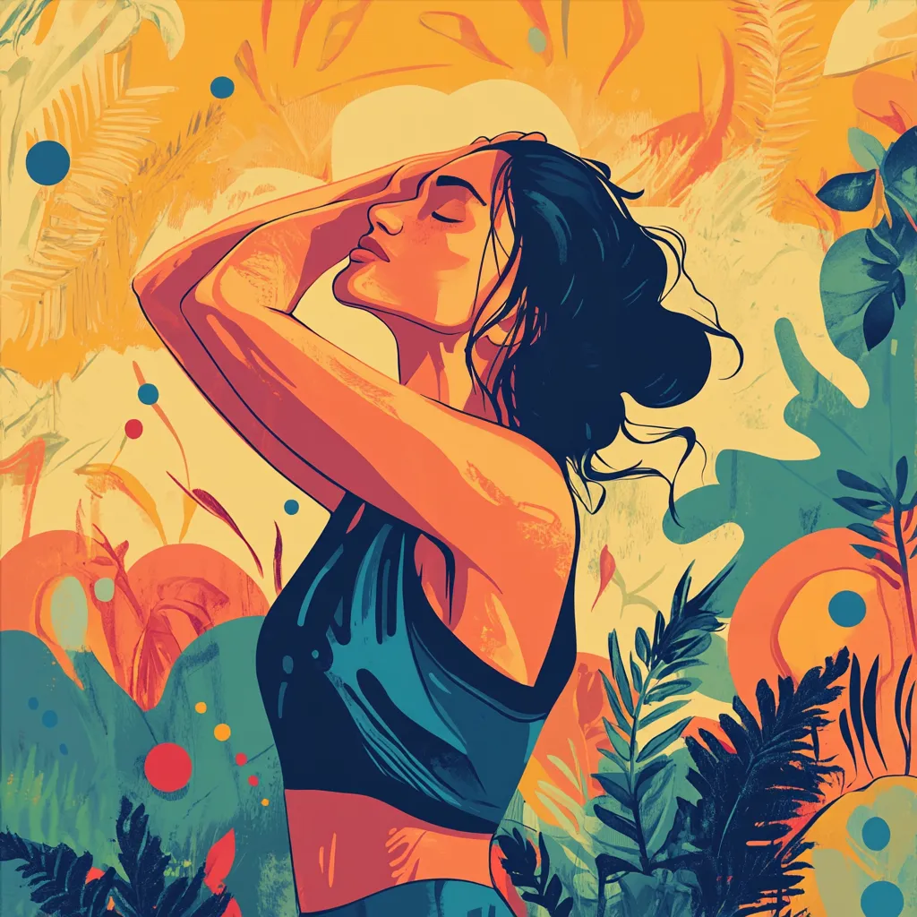 Illustration of a woman stretching with her arms over her head, eyes closed, among plants
