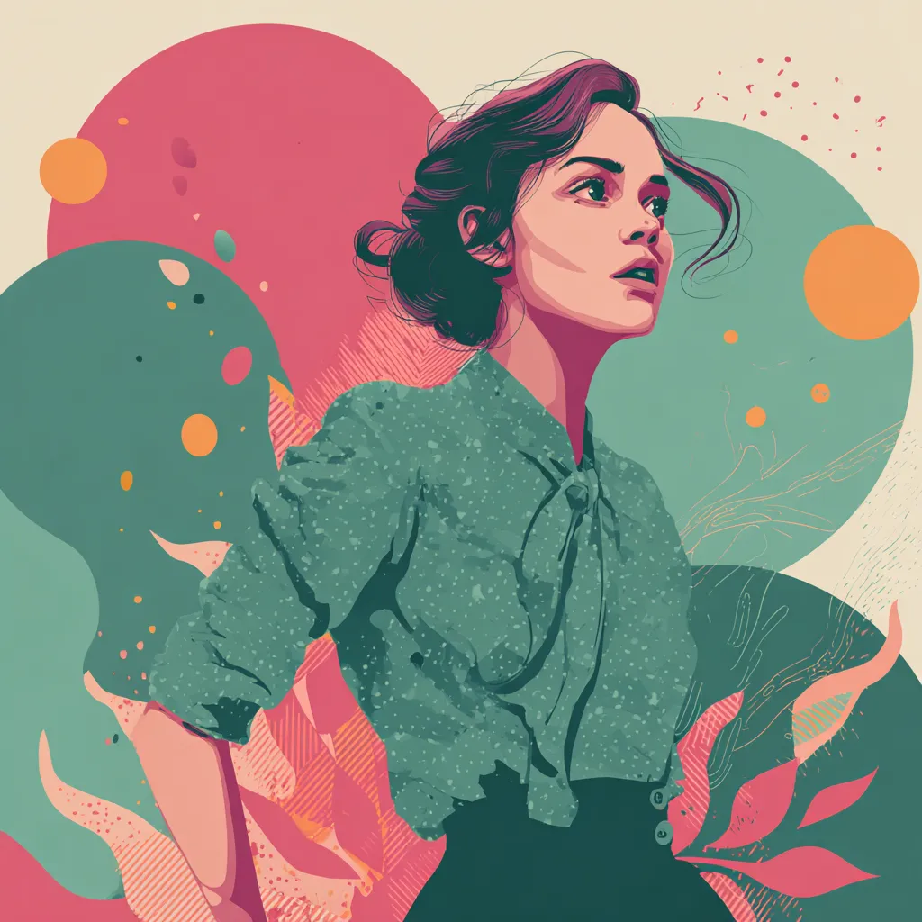 Illustration of a wide-eyed woman in a green blouse looking to the side, appearing startled