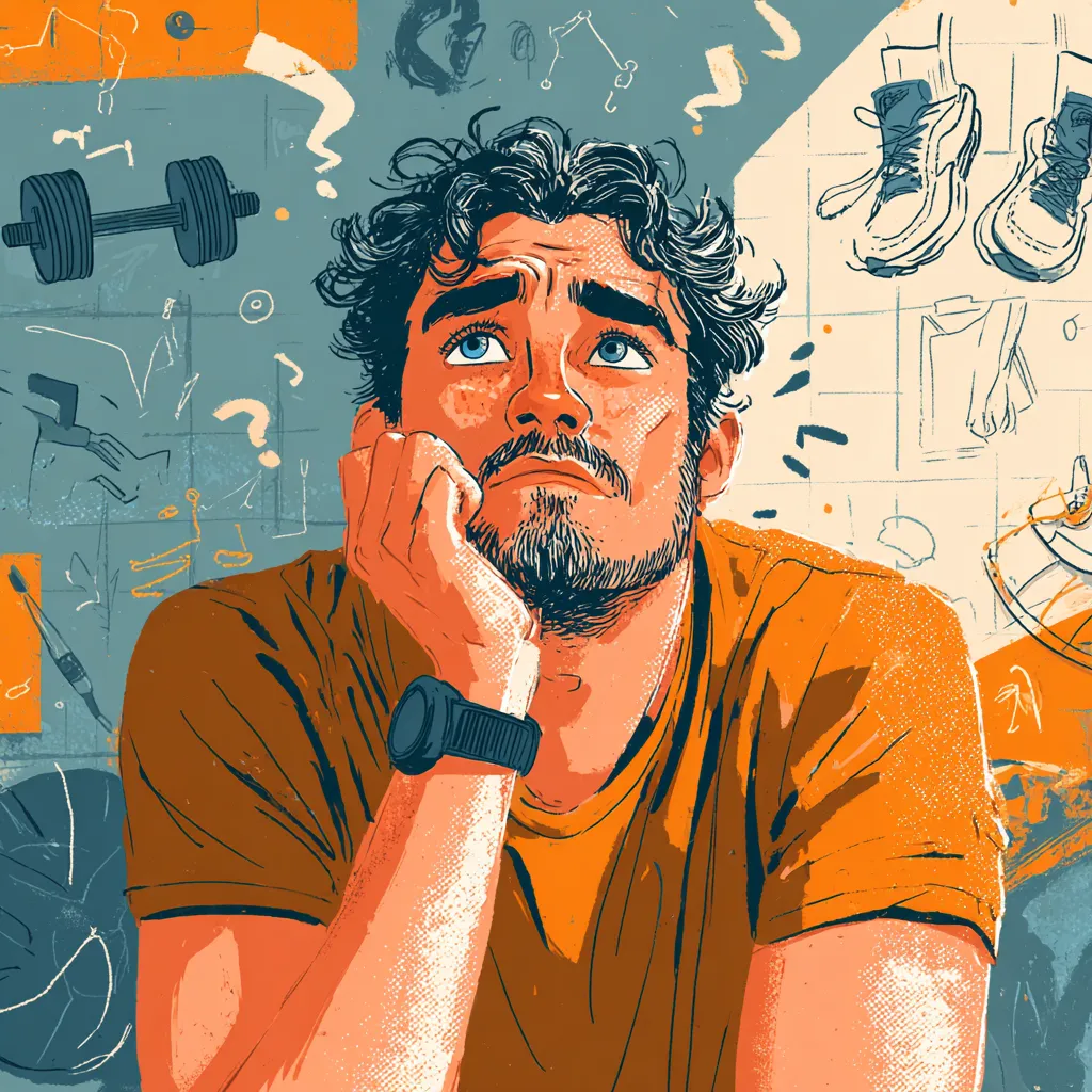 Illustration of a worried bearded man resting his chin on his hand, gym sketches behind him
