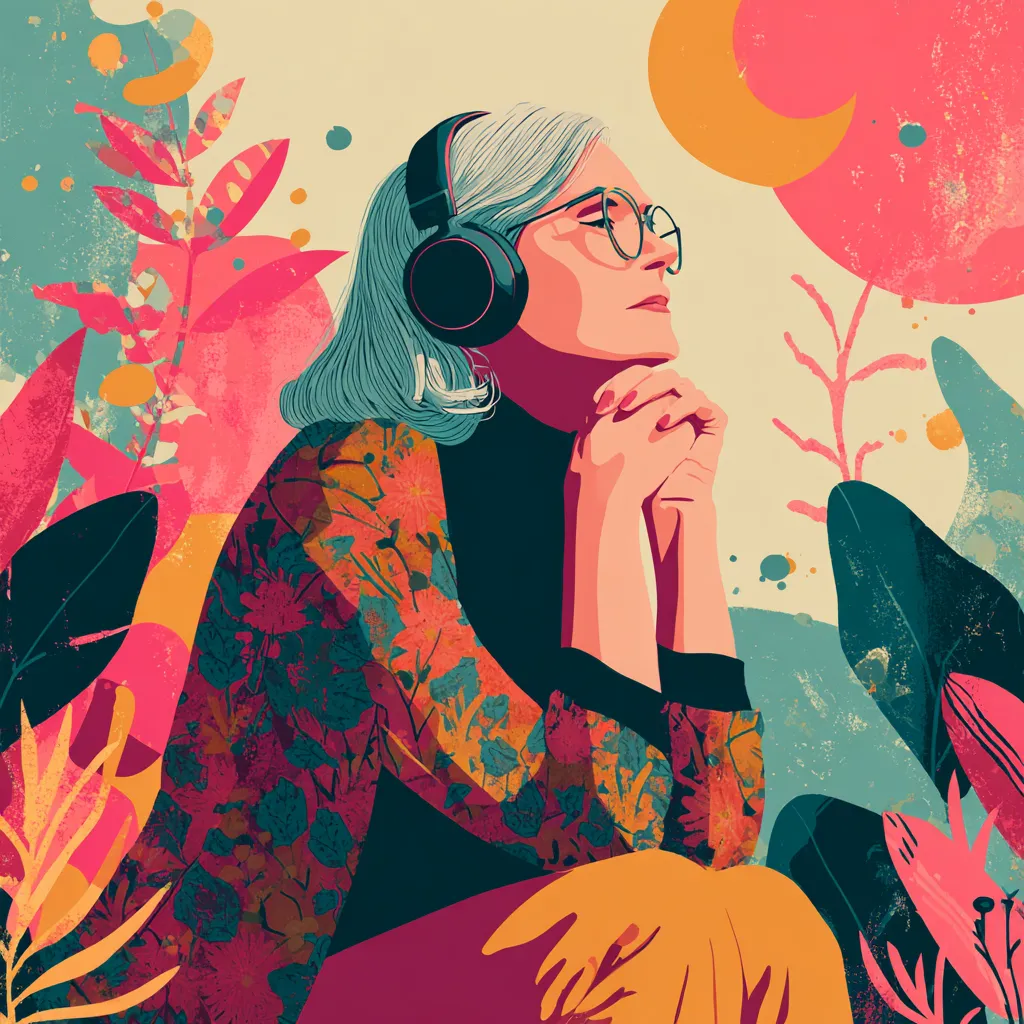 Illustration of an older woman with gray hair and glasses wearing headphones, gazing upward thoughtfully