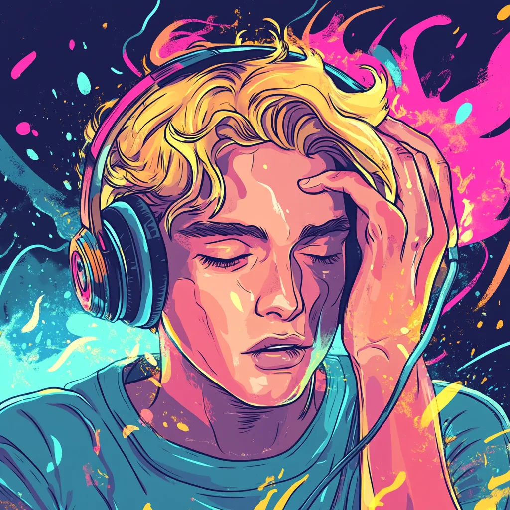 Illustration of young man listening to headphones and looking troubled.