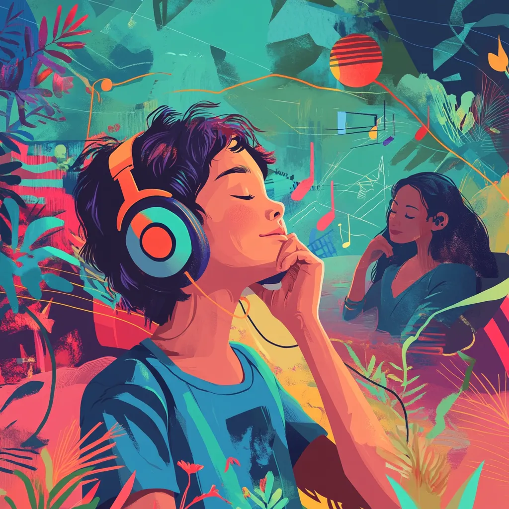 Illustration of young boy listening to headphones and listening to music with colorful background.