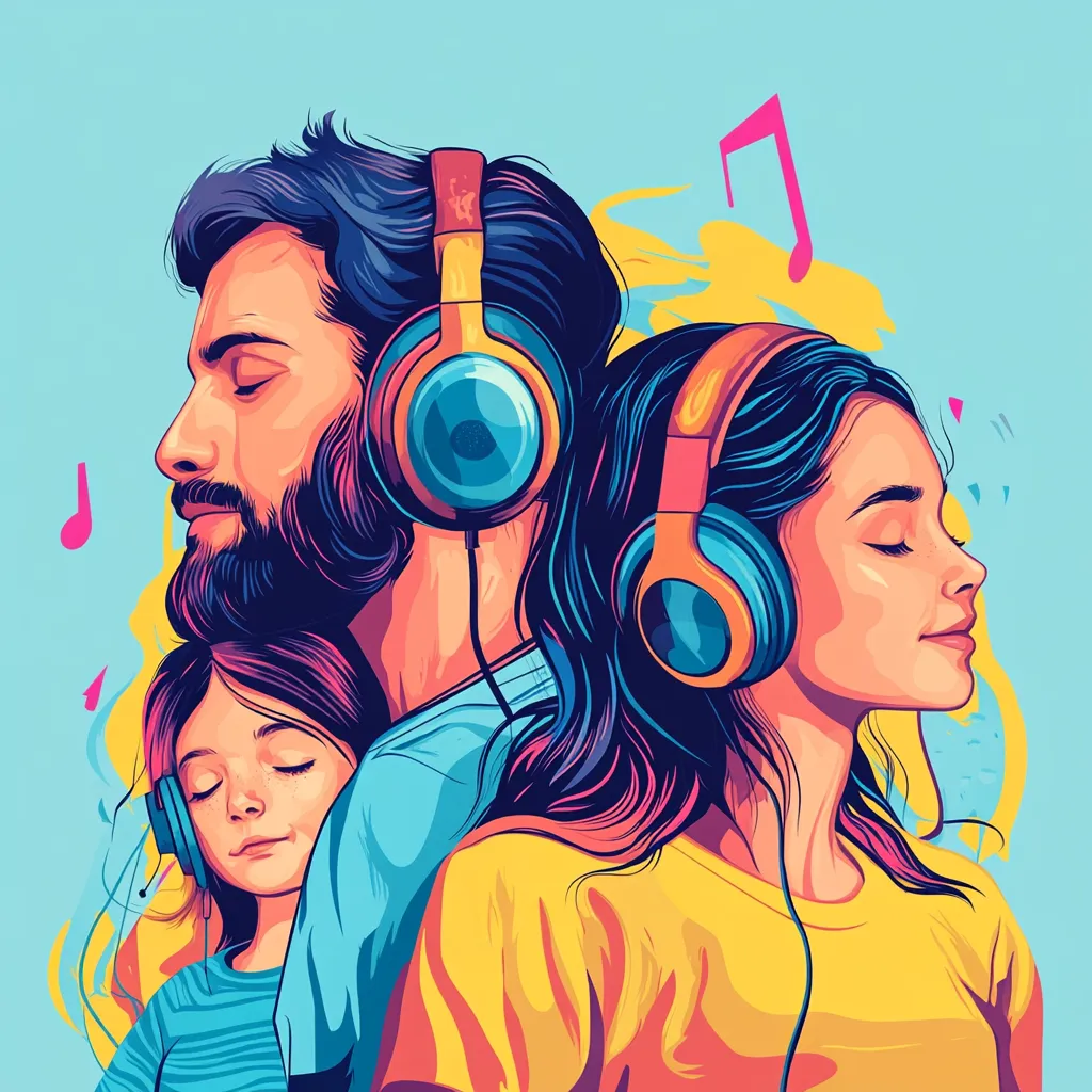 Illustration of a family, all wearing headphones and listening to SSP. Man, woman, and little girl.
