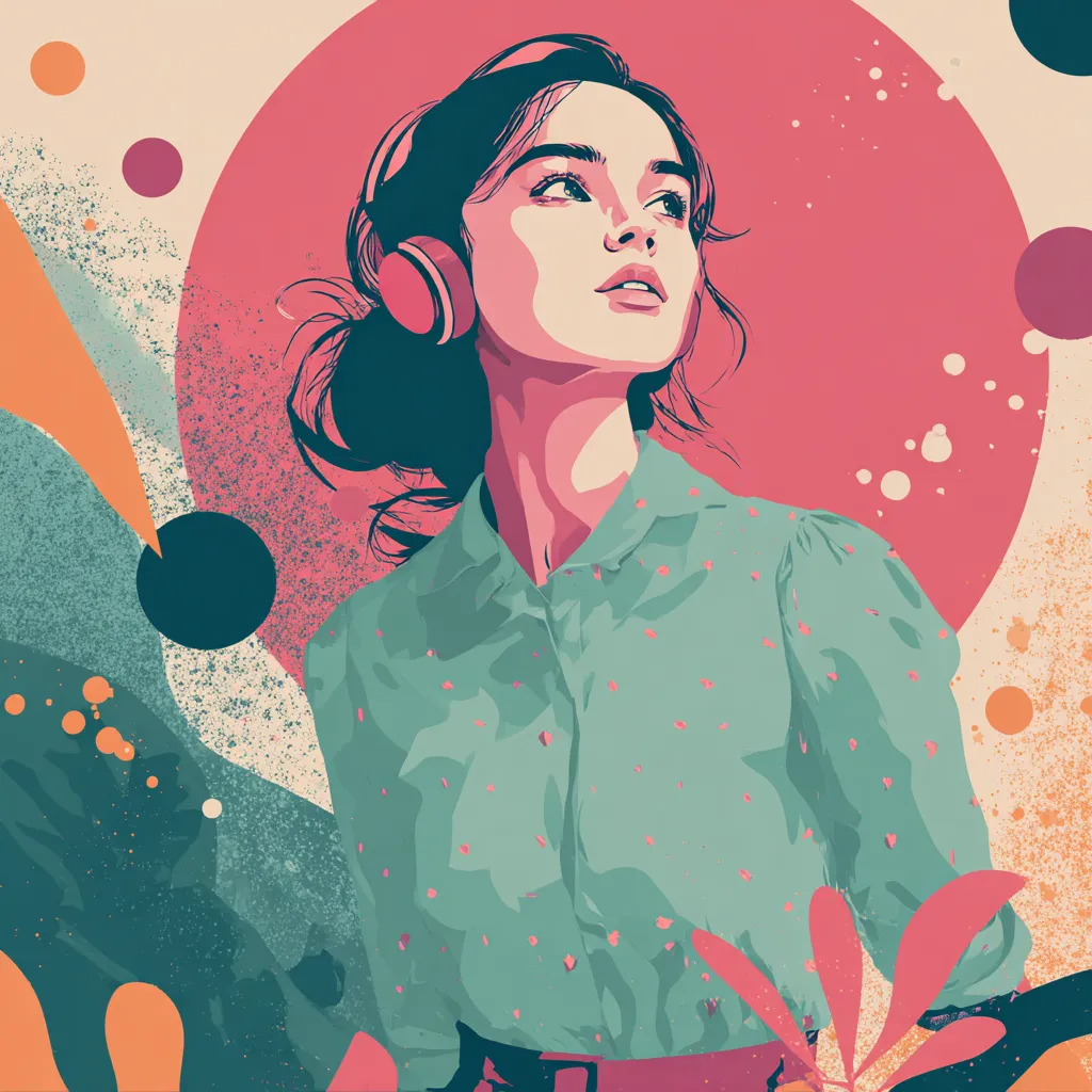 Illustration of a woman wearing pink over-ear headphones, gazing upward against a pink circle