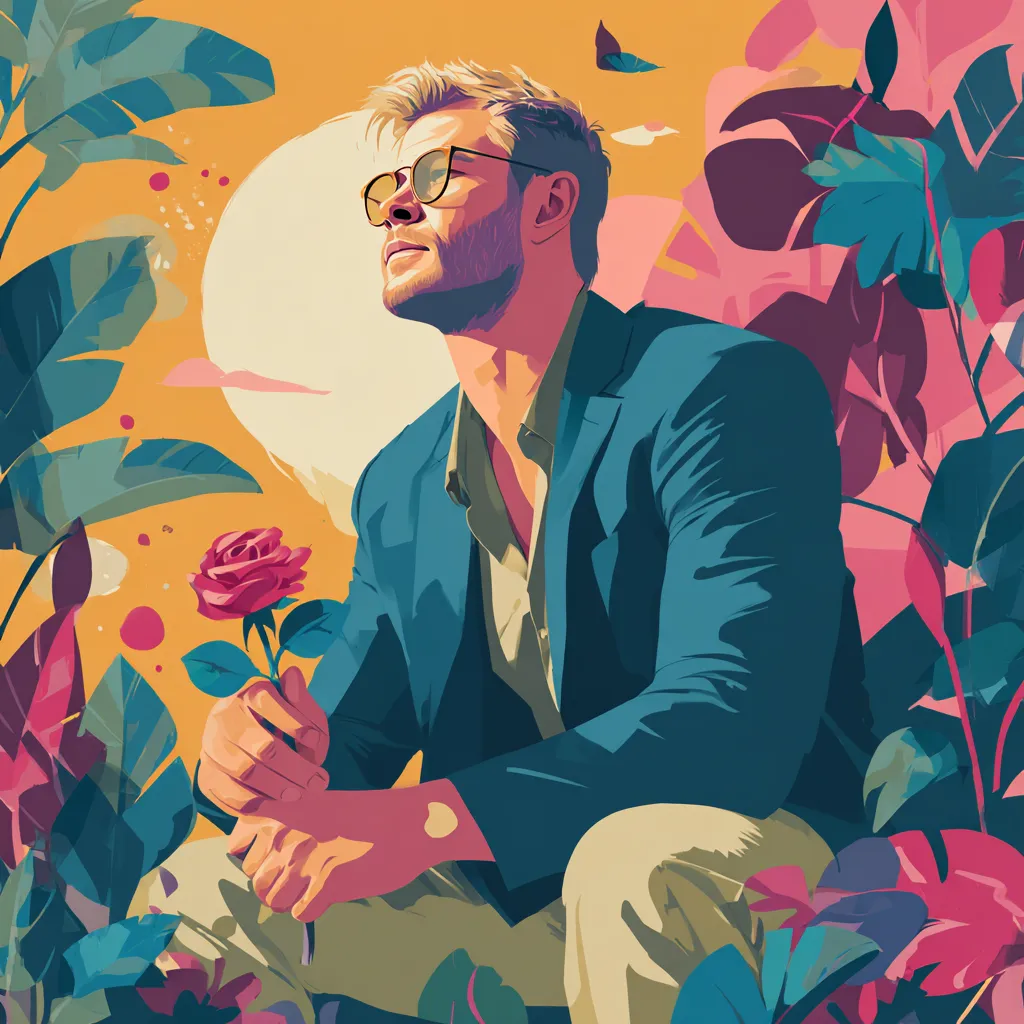 Illustration of a blond man in glasses holding a red rose, sitting among tropical plants